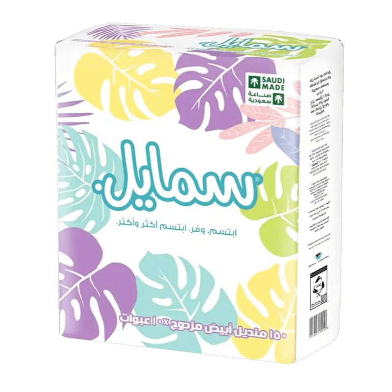 مناديل سمايل ابيض مزدوج 150 منديل*10 عبوات